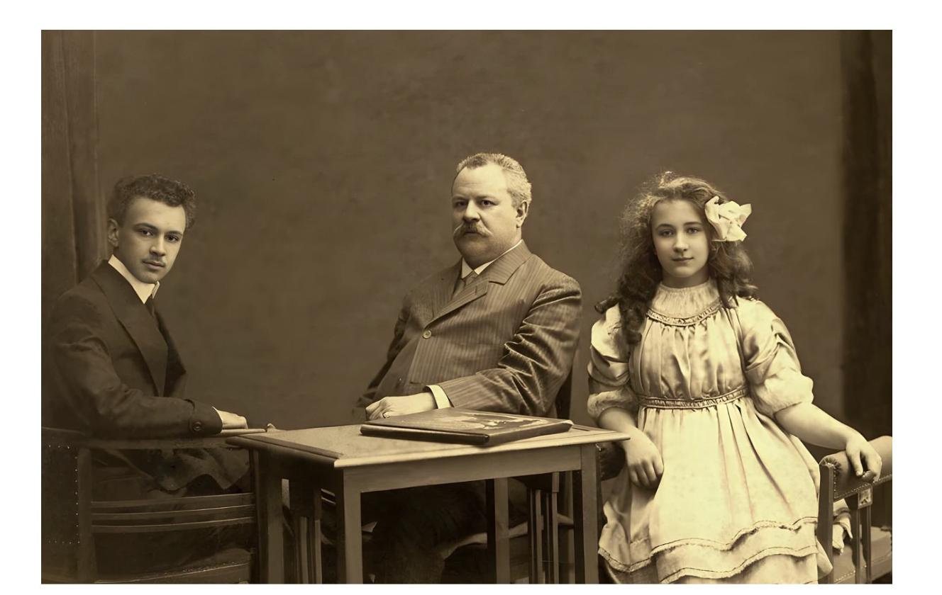 Vintage sepia photograph of an Elektrostal family from the early 20th century, reflecting the city’s heritage before the El Park rebranding project.