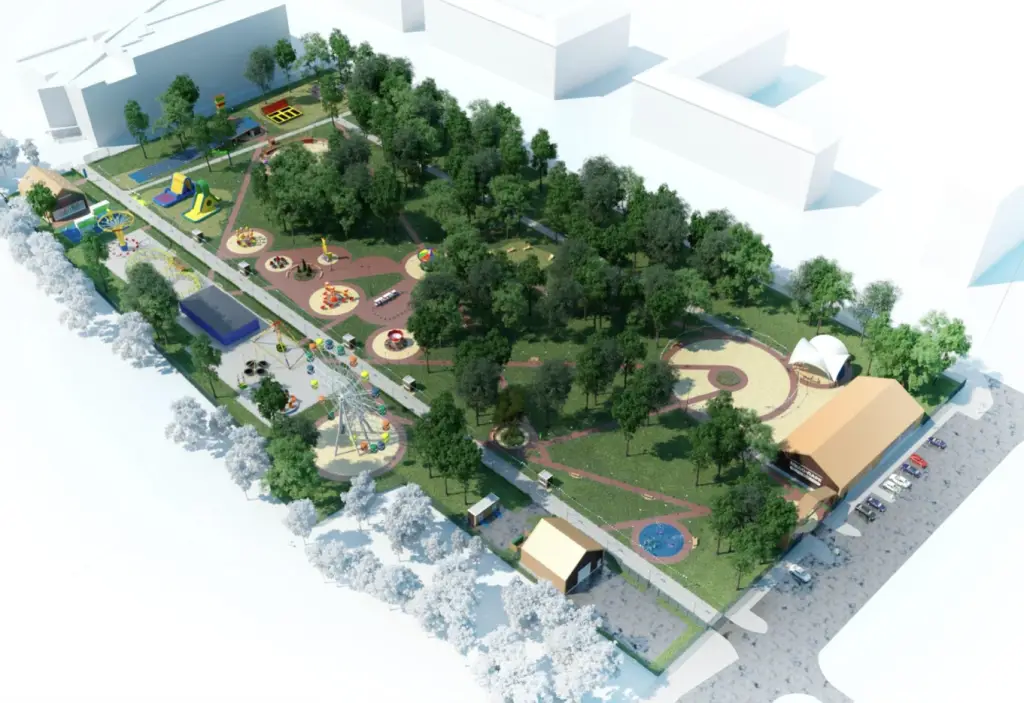 3D model of the redesigned El Park in Elektrostal, featuring tree-lined walkways, modern playgrounds, a Ferris wheel, sports zones, and event spaces.