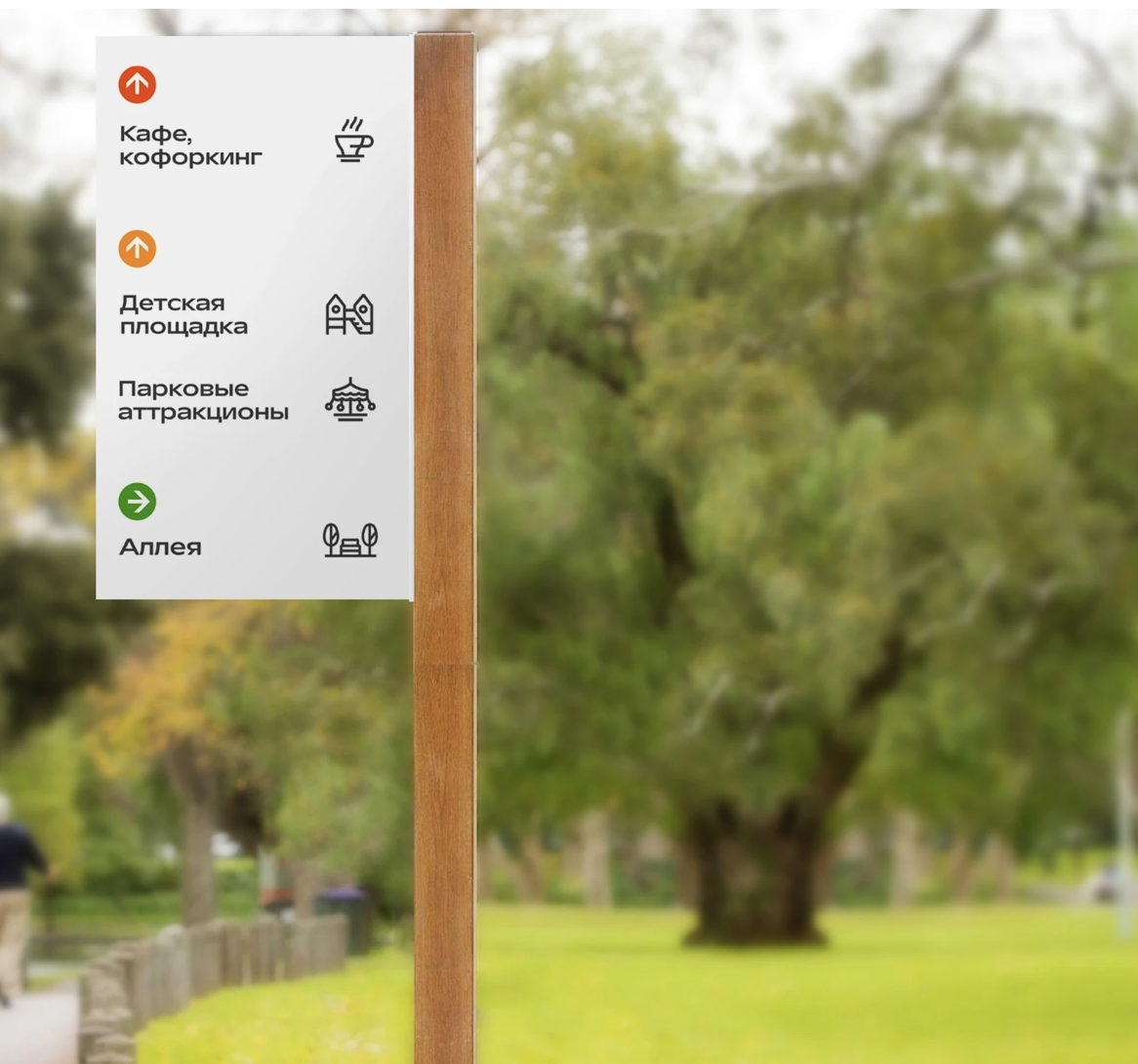 Directional sign in El Park showing icons and arrows to cafe, playground, attractions, and alley in Elektrostal park.