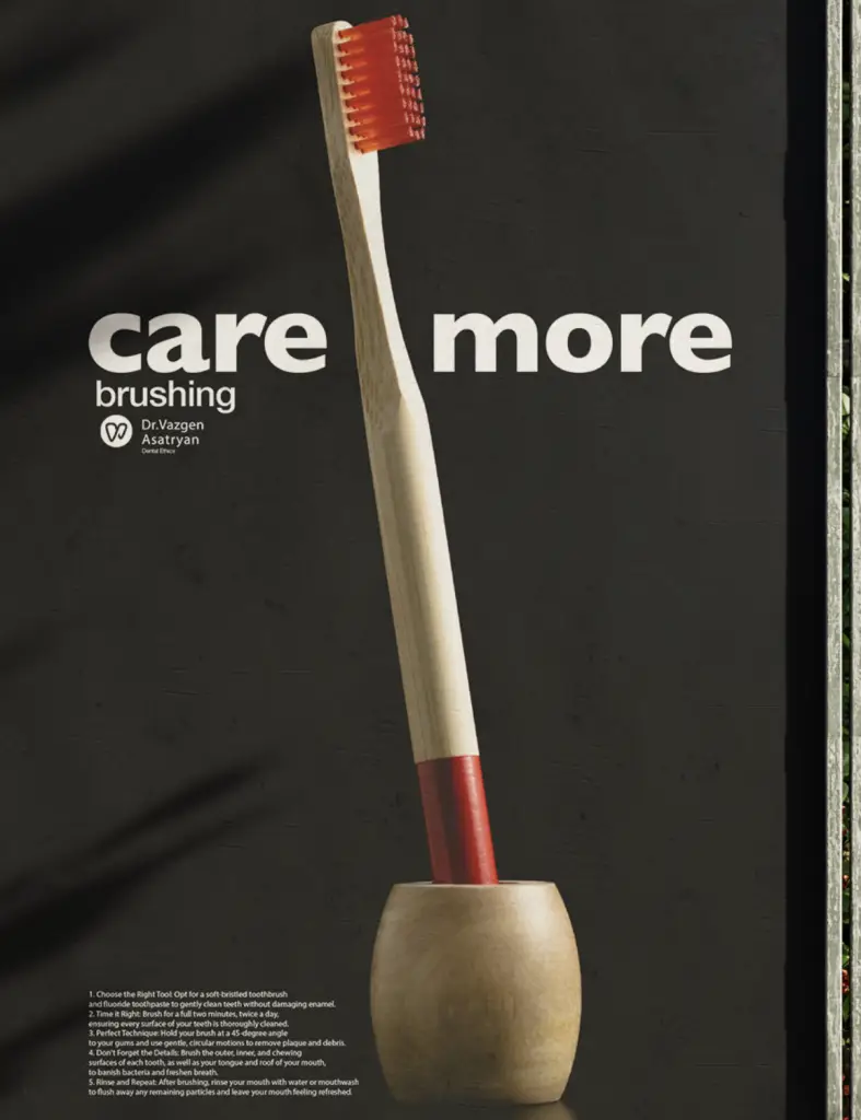 Minimalist dental campaign poster with wooden toothbrush and text 'care more brushing