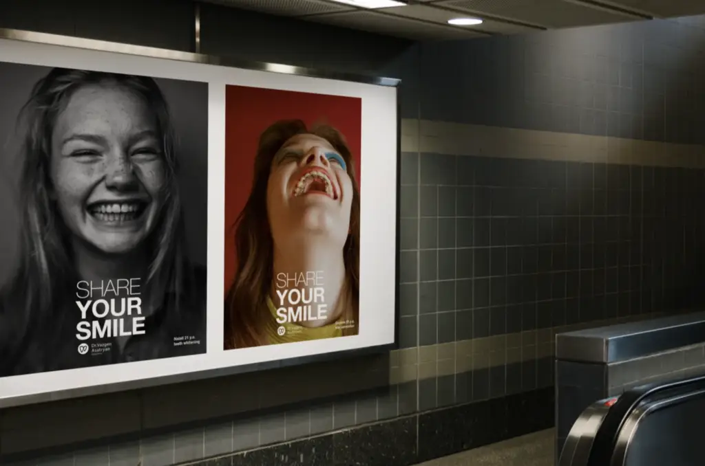 Subway billboard posters with smiling faces and text 'Share Your Smile' for dental campaign
