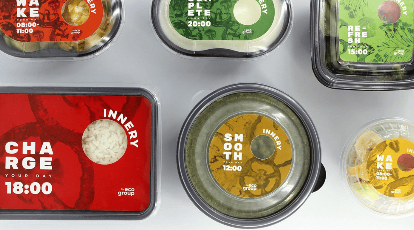 Premium health food packaging design with time-based product naming system.