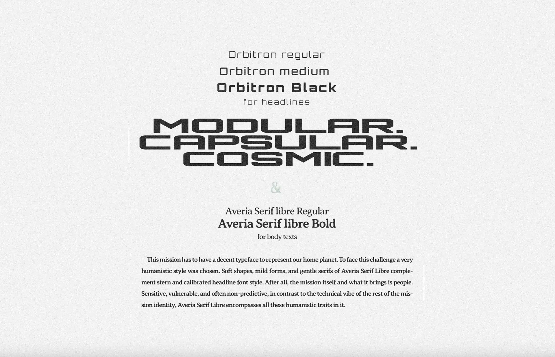 Typography selection for Mars Mission brand identity, featuring Orbitron for headlines and Averia Serif Libre for body text to balance futuristic precision with human warmth.