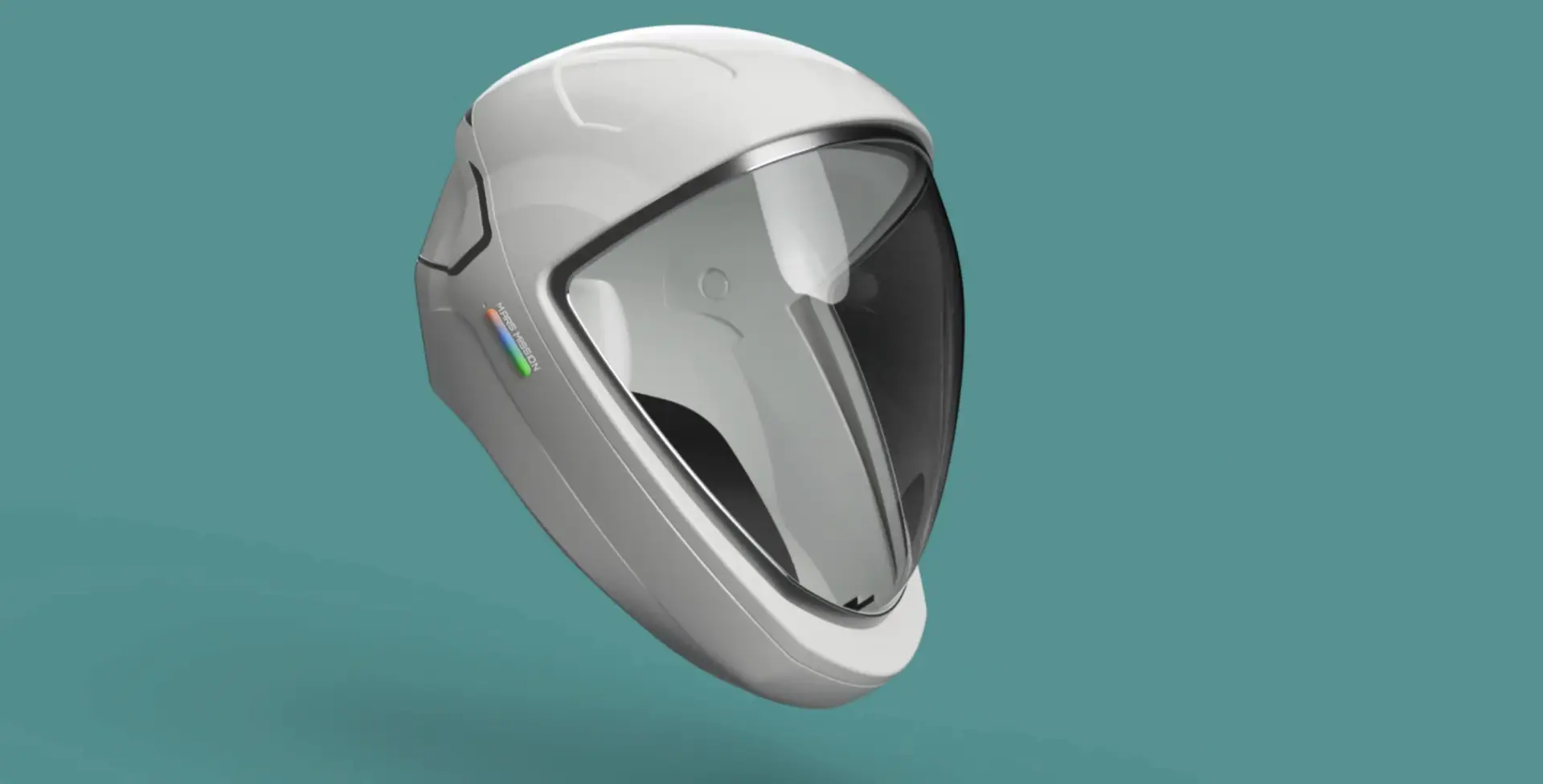 Futuristic white Mars Mission astronaut helmet with wide visor and red-to-green gradient logo, symbolizing three phases of planetary transformation.