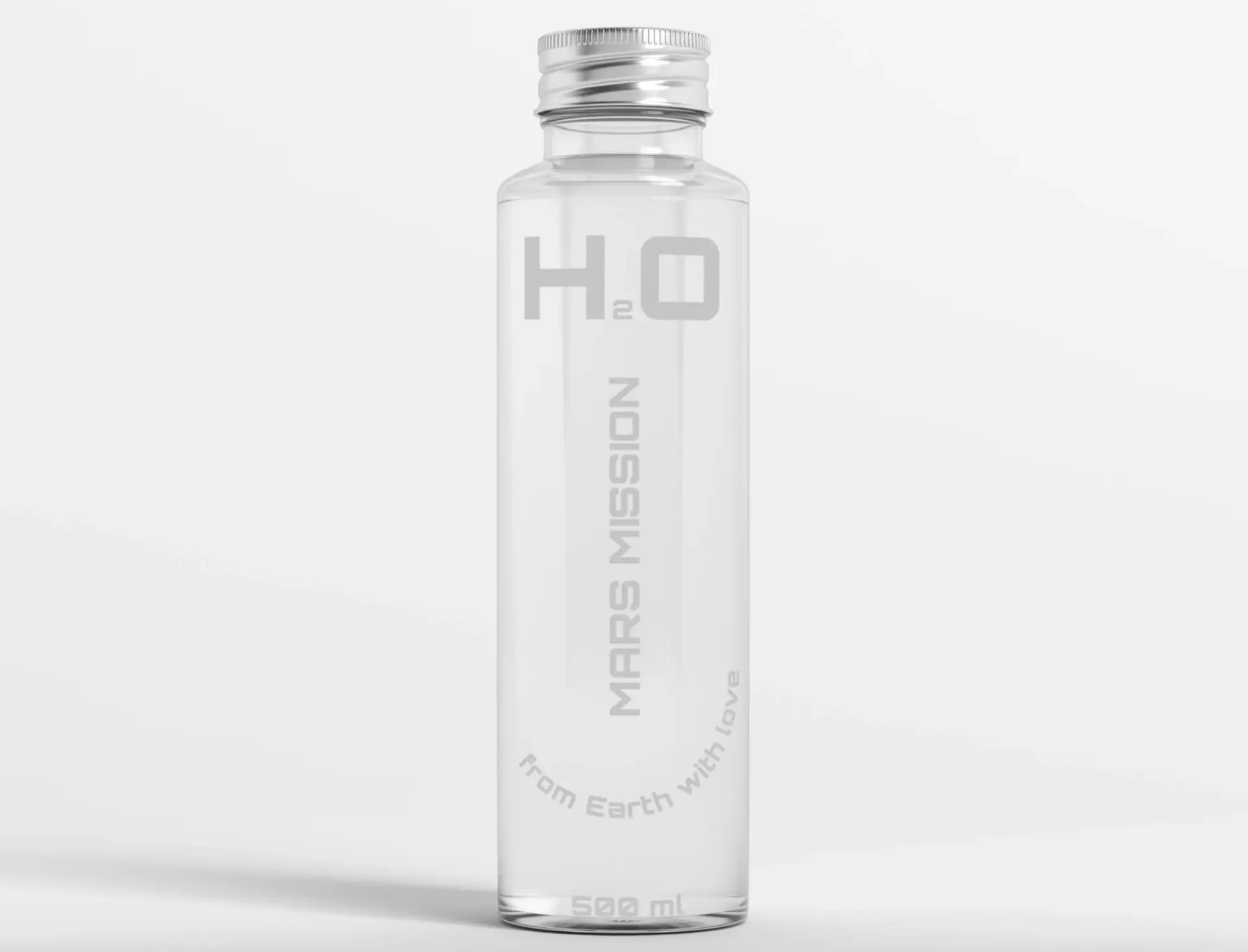 Clear water bottle with Mars Mission branding and phrase ‘From Earth with love,’ symbolizing life-sustaining resources for Mars colonization.