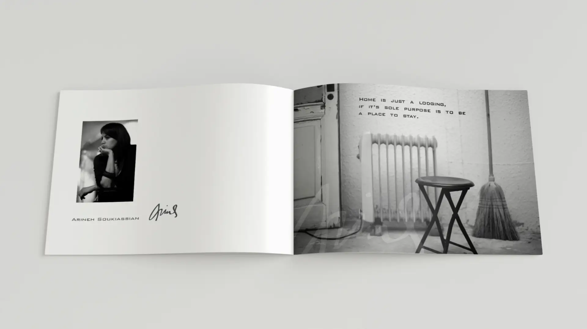 Editorial spread from Arine Tagvor’s artisanal furniture presentation, featuring a portrait of designer Arineh Soukiassian and a black-and-white scene with a stool, broom, and vintage radiator.