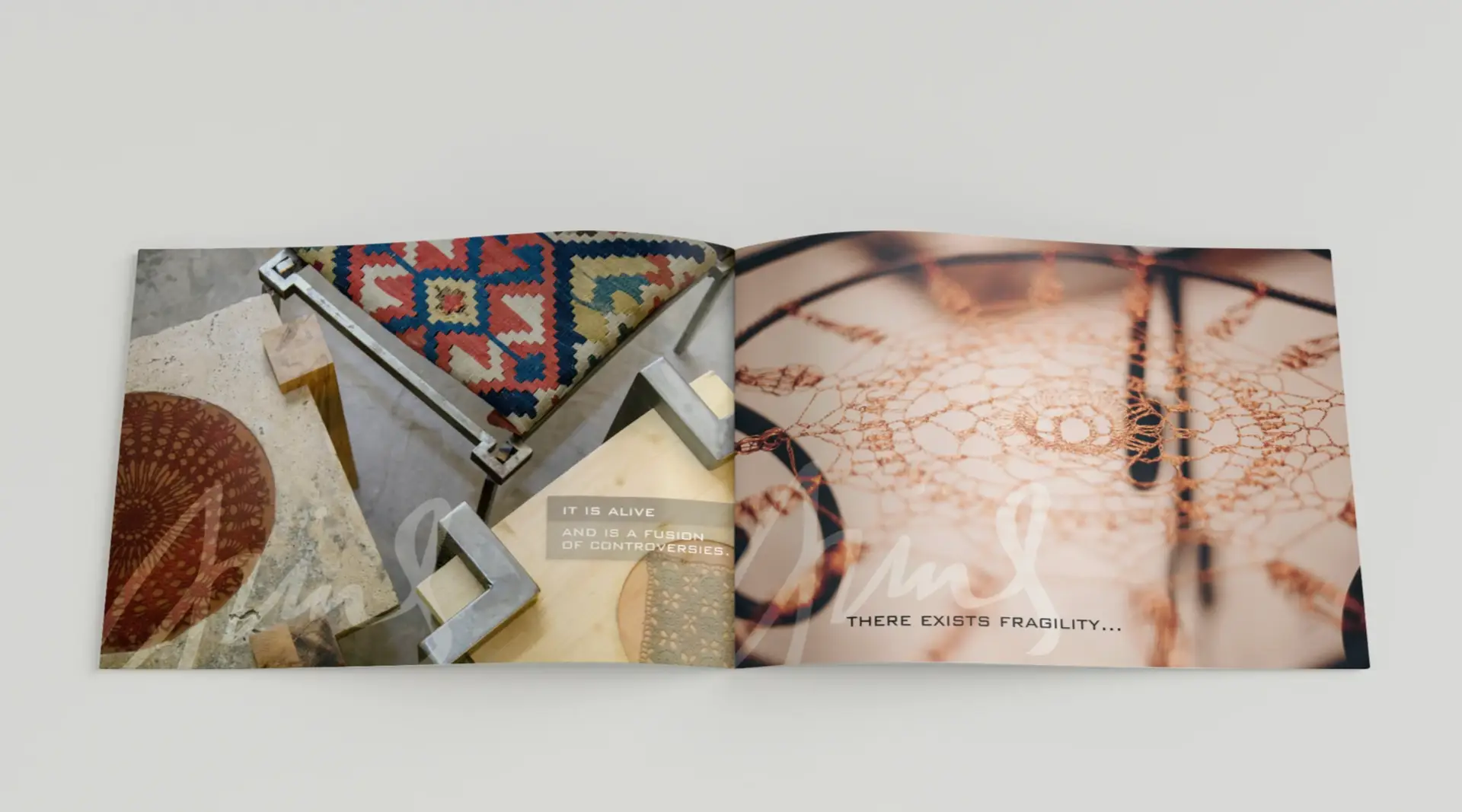 Editorial spread from Arine Tagvor’s artisanal furniture presentation, showing a close-up of a stone and metal table with a red patterned inlay and a colorful woven seat on the left, and a delicate handcrafted lace detail on the right.