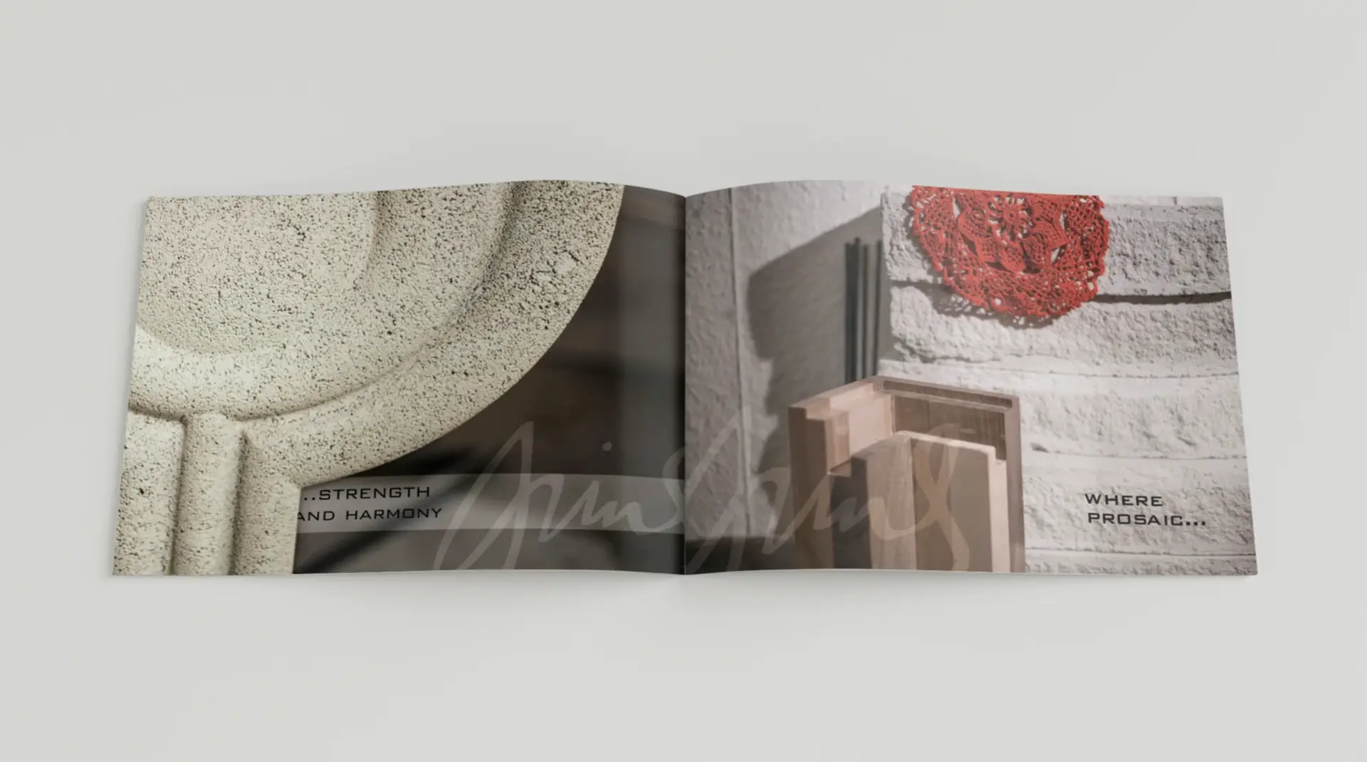 Editorial spread from Arine Tagvor’s artisanal furniture presentation, showing a textured stone sculpture detail.