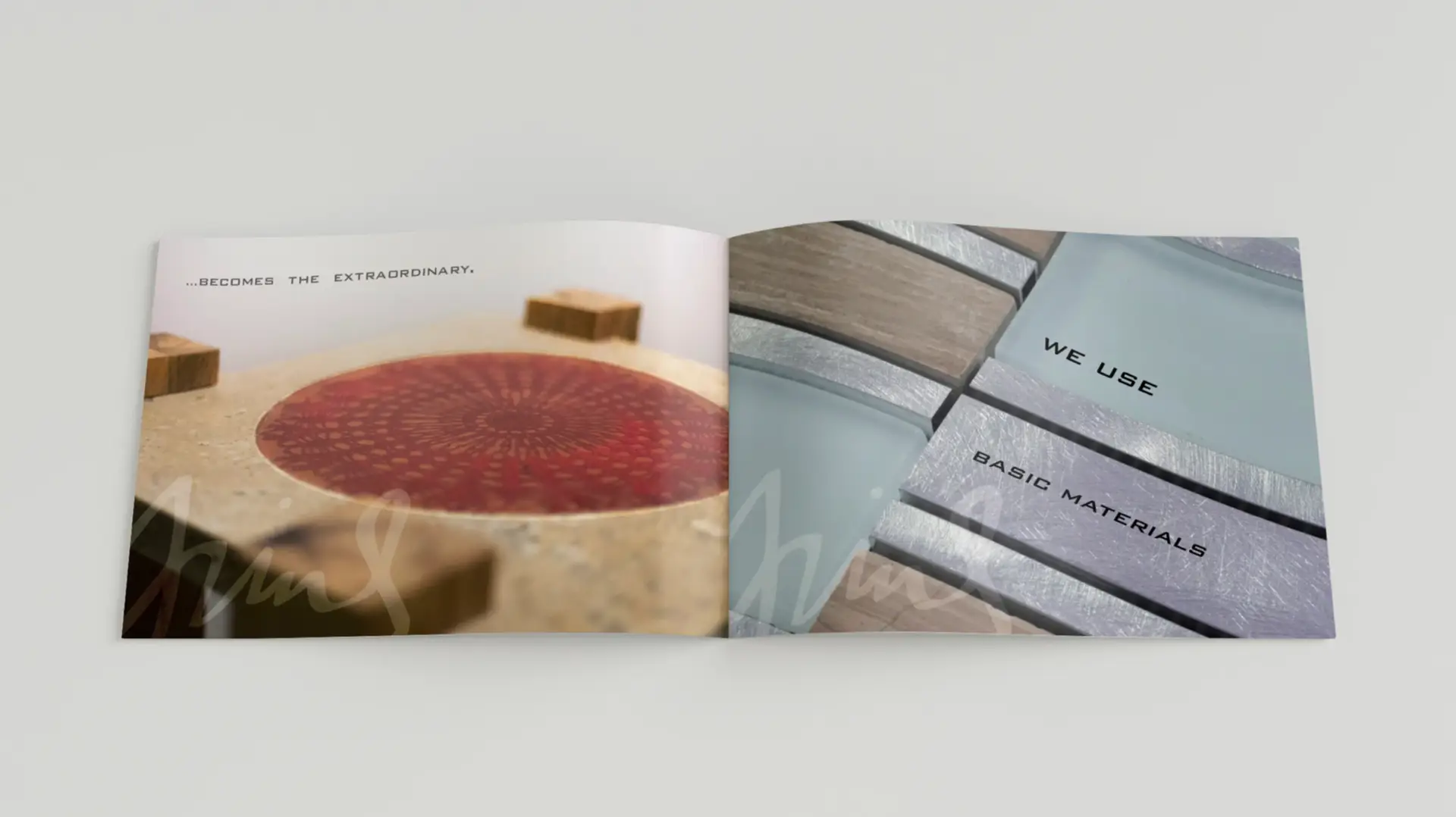 Editorial spread from Arine Tagvor’s artisanal furniture presentation, featuring a close-up of a round red patterned inlay on a stone surface.