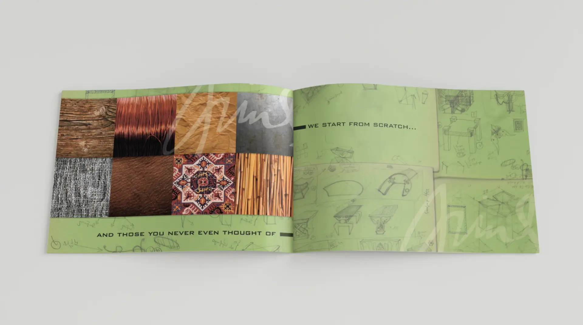 Editorial spread from Arine Tagvor’s artisanal furniture presentation, showing a grid of diverse material textures — including wood, copper, leather, woven fabric, patterned textiles, and bamboo — on a green background.