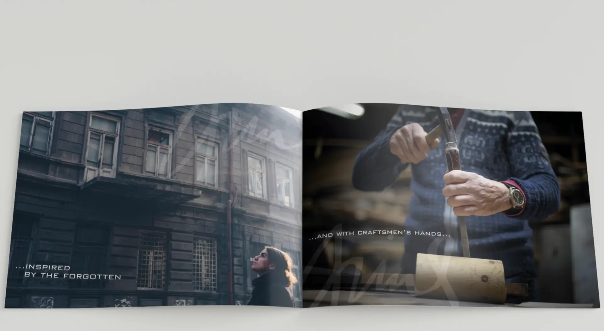 Editorial spread from Arine Tagvor’s artisanal furniture presentation. The left page shows a woman gazing up at a weathered, historic building, captioned ‘…inspired by the forgotten.’ The right page features a close-up of a craftsman’s hands shaping wood with a hand tool, captioned ‘…and with craftsmen’s hands.