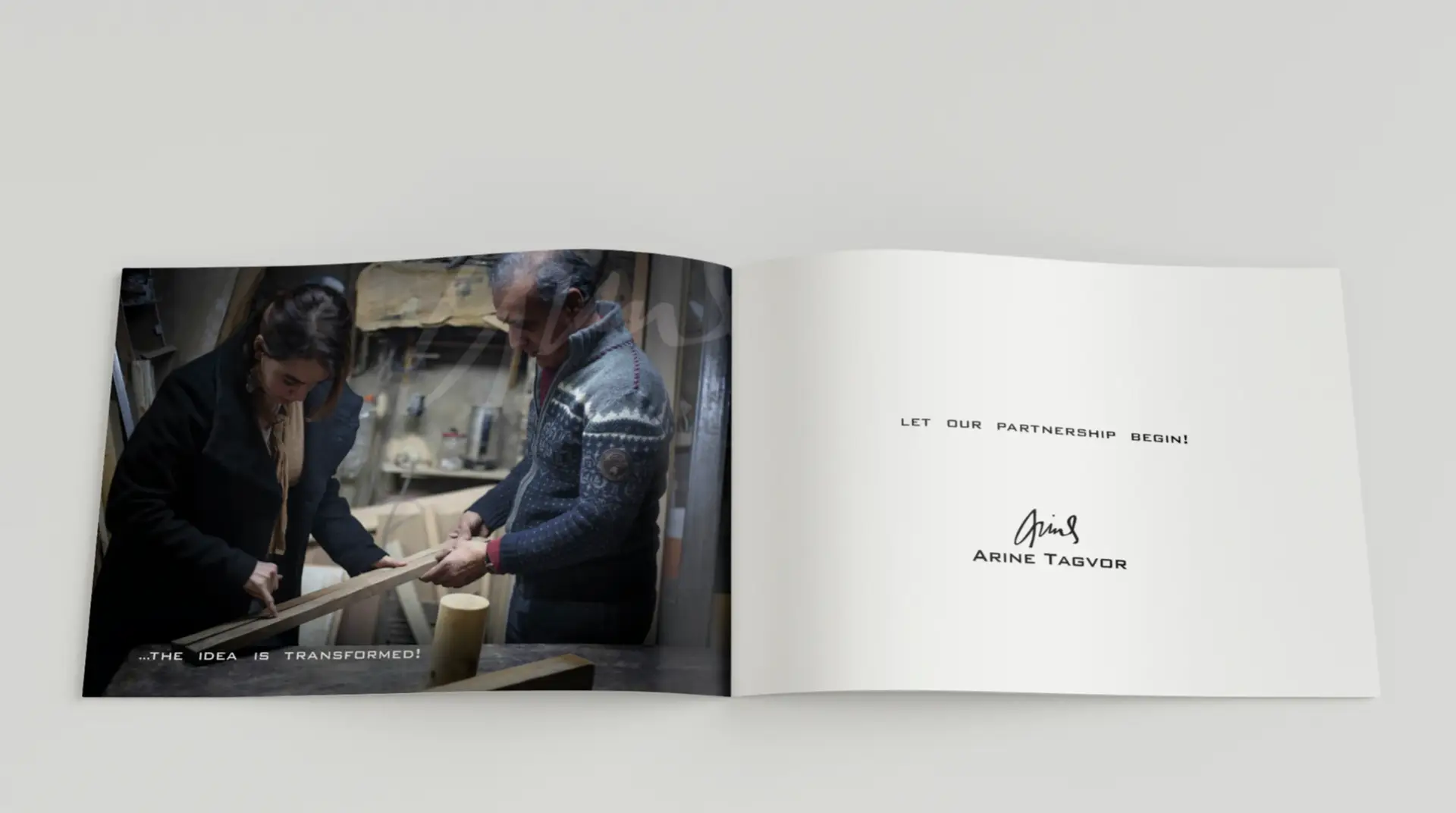 Final spread of Arine Tagvor’s artisanal furniture presentation. The left page shows the designer collaborating with a craftsman in a workshop, examining a wooden plank.