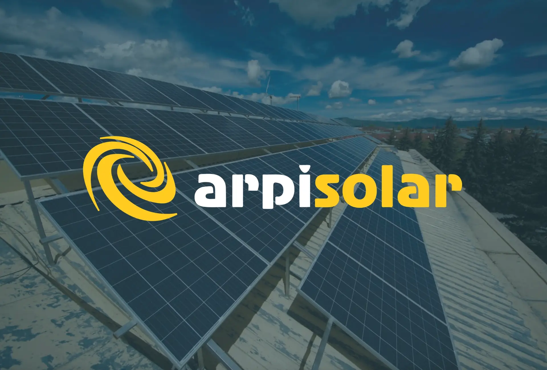 Arpi Solar business presentation cover with the logo over rooftop solar panel installation under blue sky.