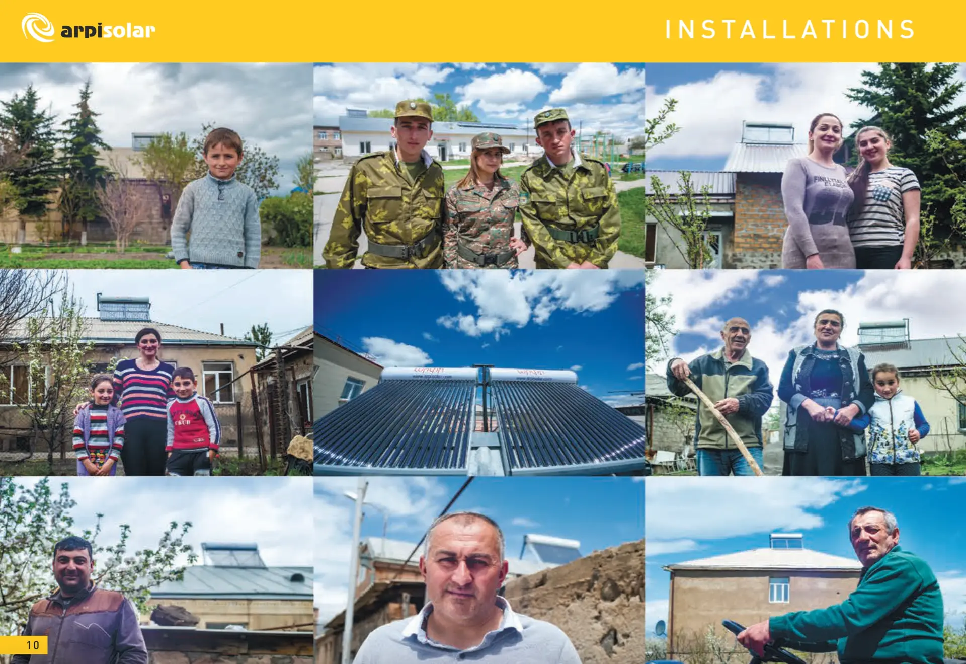 Collage of Armenian families, villagers, and soldiers standing in front of their homes equipped with solar water heaters.