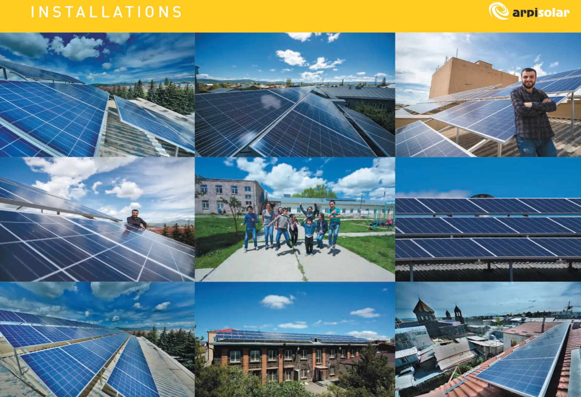 Collage of solar panel installations in Armenia, showing rooftop photovoltaic systems on residential and public buildings, close-up views of solar arrays, children playing outside near solar-powered facilities, and a man standing proudly beside solar panels under a bright blue sky.