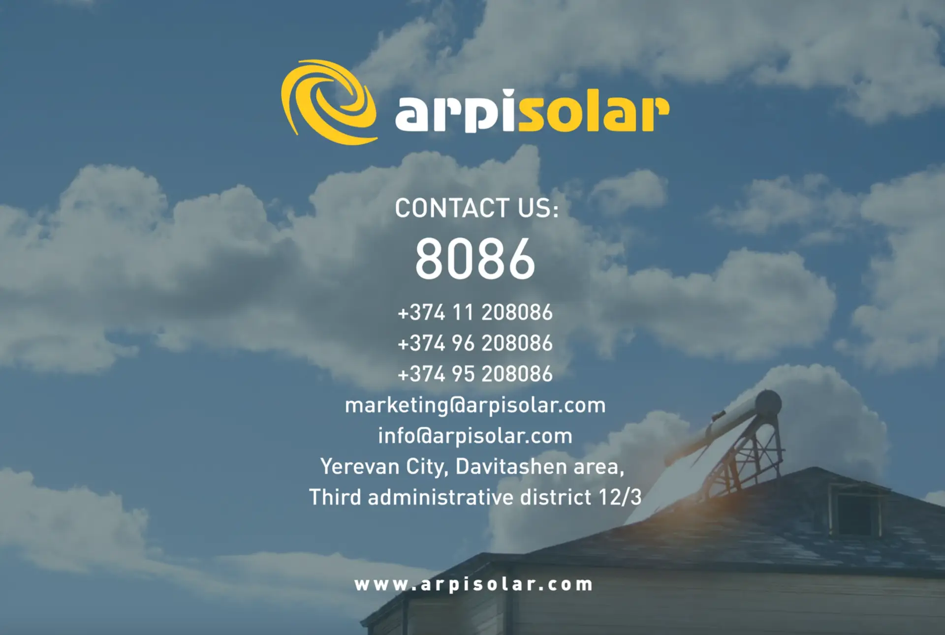 Arpi Solar contact information on a blue sky background with solar panel. Includes hotline, phone numbers, emails and, office address in Yerevan City, and website www.arpisolar.com.