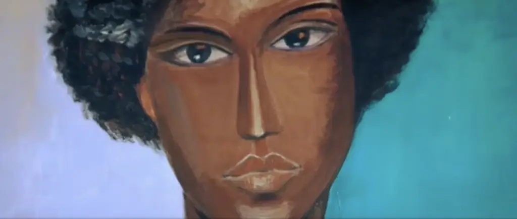 Close-up of a painted portrait featuring a stylized face with deep brown tones and expressive eyes on a turquoise background.