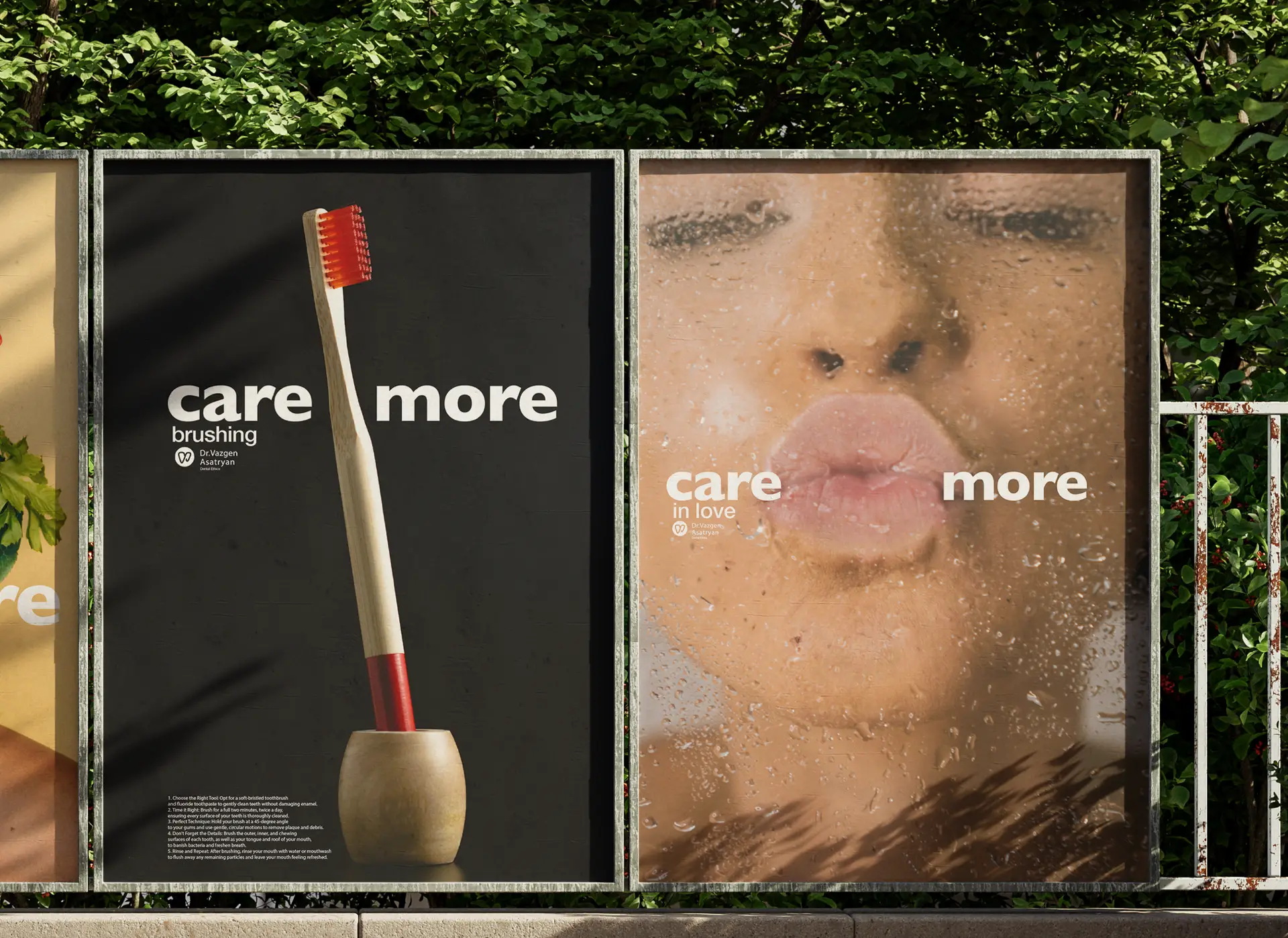 Outdoor poster with wooden toothbrush and the words 'care more brushing' for dental campaign